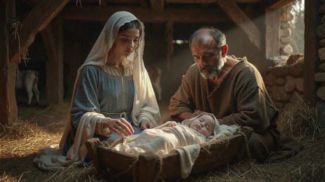 Mother and father gaze at sleeping baby in manger within stable for Christmas nativity scene.