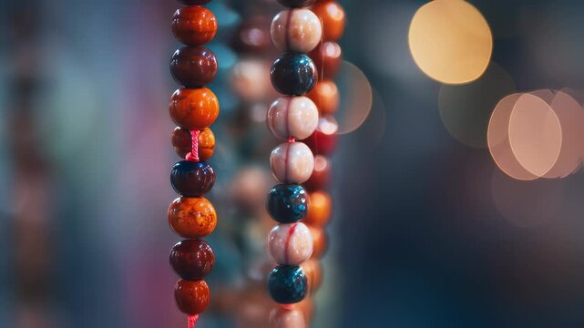 Abstract close-up shot of vibrant beaded strings with blurred bokeh lights background offering