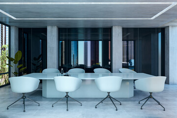 Modern empty conference room with sleek white chairs and a large table in a corporate office interior with city view through glass windows. 3D Rendering