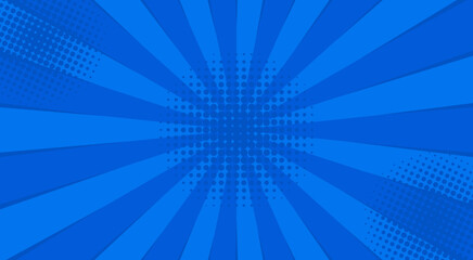 Comics blue retro background with halftone corners and rays. Summer backdrop. Vector illustration in retro pop art style for comics book, poster, advertising design.