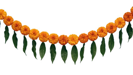 Vibrant orange marigold flower toran border with green mango leaves for festive decoration