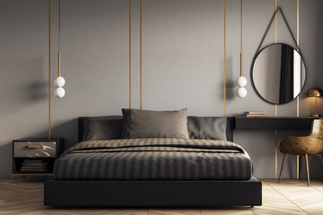 Modern minimalist bedroom interior with black bed, wooden accents, and stylish lighting in elegant...