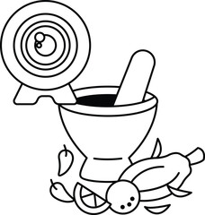 A black and white drawing of a bowl with a spoon in it