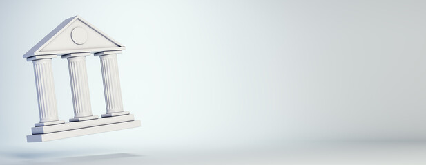 Minimalist white bank building icon with pillars floating on light background, ideal for banking,...