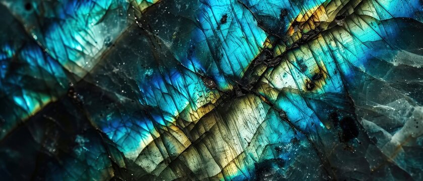 Macro image of iridescent labradorite crystal with striking blue, green, and gold reflections, ideal for nature or design backgrounds.