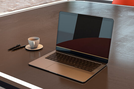Laptop on modern office desk with blank screen and coffee mug beside pens on wooden surface in clean corporate workspace setting. 3D Rendering