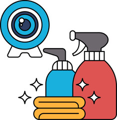 A black and white drawing of a camera, a bottle of spray and a bottle of soap