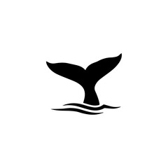 A striking black vector silhouette of a whale's tail (flukes) diving into water, creating stylized waves. This iconic marine graphic represents power, mystery, depth, and oceanic life.