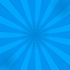 Comics blue retro background with halftone corners and rays. Summer backdrop. Vector illustration in retro pop art style for comics book, poster, advertising design.