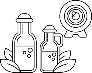 Two bottles of liquid next to a camera lens