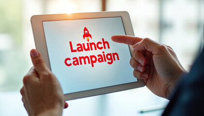 Person holds tablet showing launch campaign graphic with rocket icon. Digital screen displays marketing plan text. Business strategy and advertising concept on device.