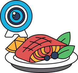 A plate of food with a camera in the background