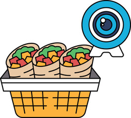 A basket of food with a camera in the background