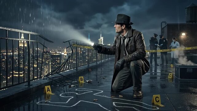 Detective examining bullet casings and a body outline with his flashlight on a dark city rooftop crime scene, with police and forensic personnel in the background