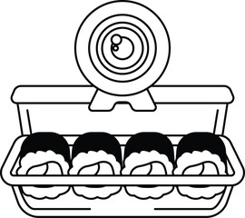 A tray of sushi is shown with a camera in the background