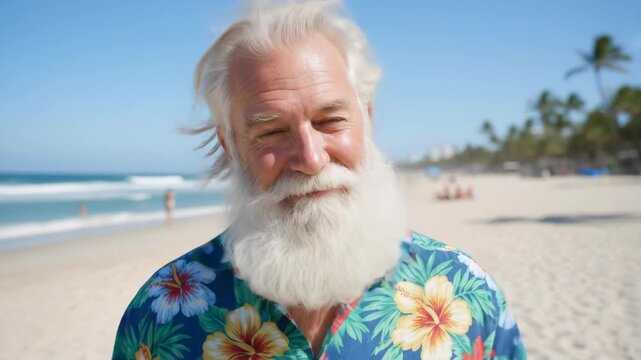 Smiling senior man with white beard and Hawaiian shirt posing on tropical beach on a sunny day. Active silver age travel concept.