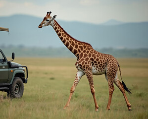 Masai giraffe walks past safari in African grassland savanna. Wildlife mammal crosses grassy plain near vehicle. Nature landscape scene with wild animal.
