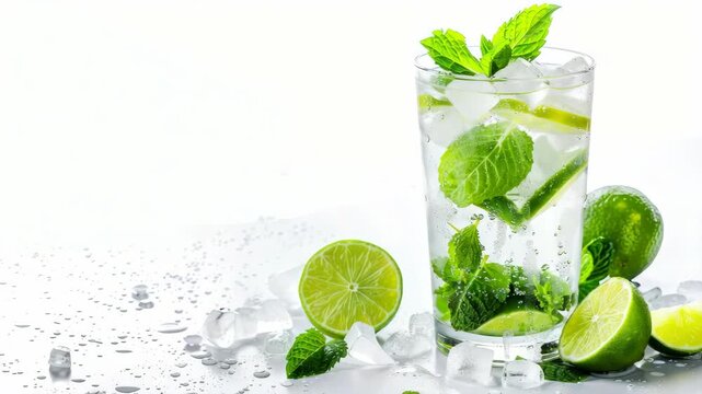 Refreshing drink with lime slices, mint leaves, and ice cubes