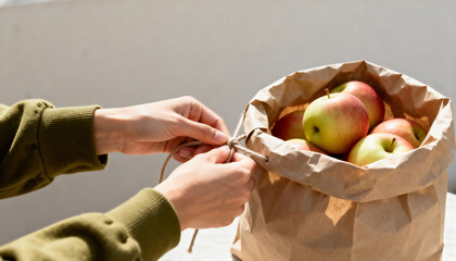 Person tying a brown paper bag of fresh apples with a jute string. Healthy grocery shopping and sustainable lifestyle concept
