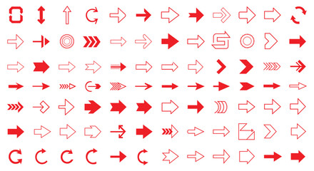 Arrow red vector set isolated on transparent background different shapes and styles pointer collection, navigation symbols, direction signs