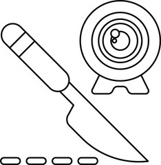 A knife and a camera are drawn together in a black and white drawing