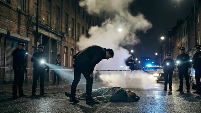 Detective investigating a body covered on the ground at a dark urban crime scene at night, with police officers securing the area and a police car with flashing lights in the background