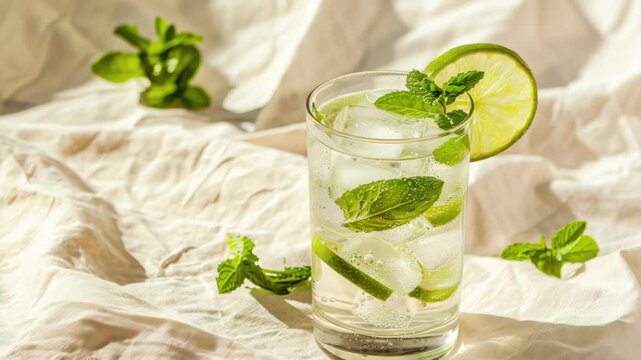Refreshing glass of mojito with lime and mint on white cloth