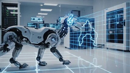 Advanced robotic canine unit scans a modern data center environment projecting blue digital energy beams across the illuminated floor grid