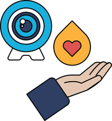 A camera lens is shown with a heart and a hand