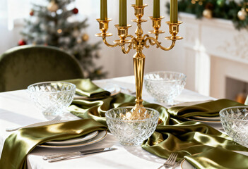 Elegant Christmas table setting with a gold candelabra and green candles. Festive holiday dinner decoration with satin napkins. Formal dining arrangement for a celebration