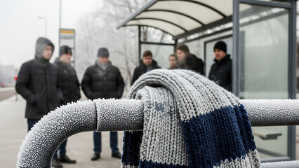 Group of men waiting at bus stop in winter with frosty surroundings  