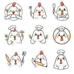 Cute Chicken Chef Cartoon Line Art Sketch Set
