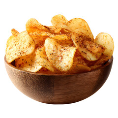 Delicious Crispy and Crunchy Potato Chips in Brown Bowl on White Background