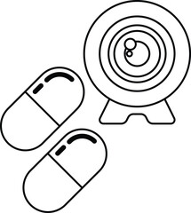 A pill and a camera are shown in a black and white drawing