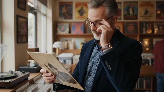 Gray-haired man looking at album cover in record store. Mature male customer enjoying selecting vintage vinyl music. Retro shopping for media fun.