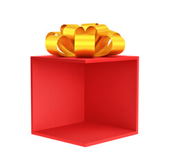 Red product showcase gift box with golden bow isolated on white. Clipping path included