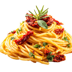 Delicious Spaghetti with Sun-Dried Tomatoes on White Background