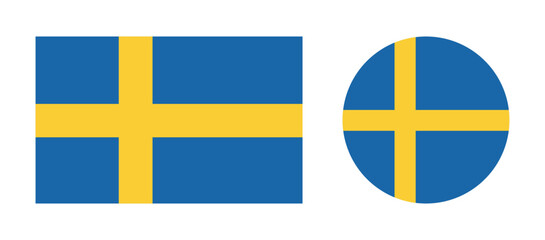 National flag of Sweden. Set of circle, rectangle flag icons. Swedish rounded, rectangular flags in flat style.