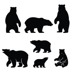 Bear Silhouettes Vector Set, Various Bear Poses Silhouettes Collection, Black and White Grizzly or Polar Bear Illustrations, Standing, Walking, and Sitting Bear Figures, Wild Animal Bear Vector Set.
