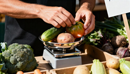 A male vendor weighing fresh organic vegetables on a scale at a local farmers market. Close-up of hands selling healthy produce