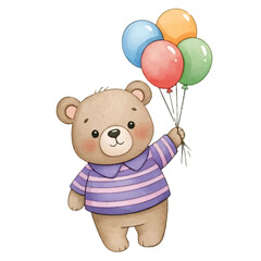 Cartoon teddy bear illustration holding red heart balloons for a happy birthday party celebration