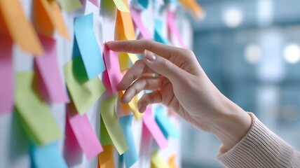 Hands pointing at colorful sticky notes, organizing tasks, brainstorming new ideas for project management
