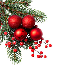Festive Red Ornaments and Berries on Pine Branch for Holiday Decor