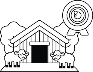 A black and white drawing of a house with two sheep in front of it