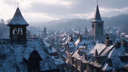 Snowy rooftops of European village with church bells ringing,