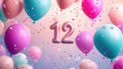 Glittery number 12 floating among colorful pastel balloons and heart confetti, celebrating a birthday or anniversary event