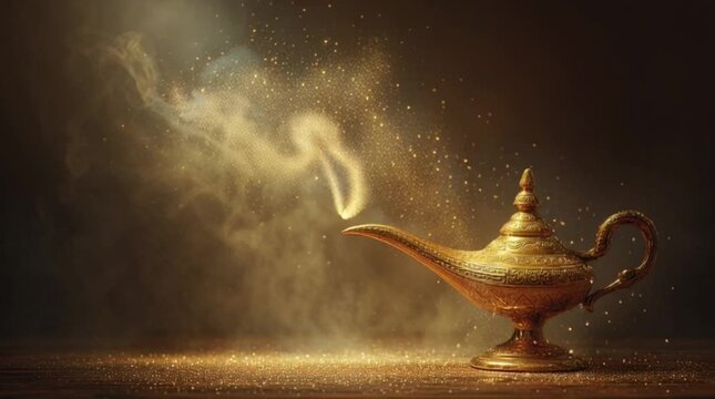 Magic lamp with magic wand and dark background ai generative