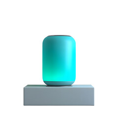 Smart Speaker Glowing Turquoise Standing on Minimalistic Desk