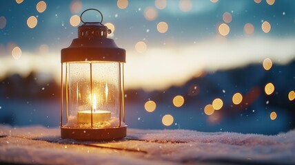 Glowing lantern with burning candle illuminating winter snow and falling snowflakes, creating festive holiday atmosphere