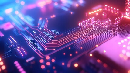 Digital circuit board processing data, glowing microchips, abstract computer technology grid, modern electronic system